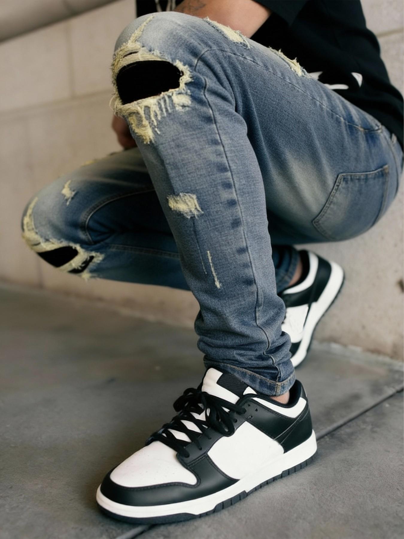 Men's Deep Blue Slim Fit Elastic Denim Jeans, Knee Patched Design, Vintage Wash, Street Style, All Seasons, Zipper Fly, Natural Waist