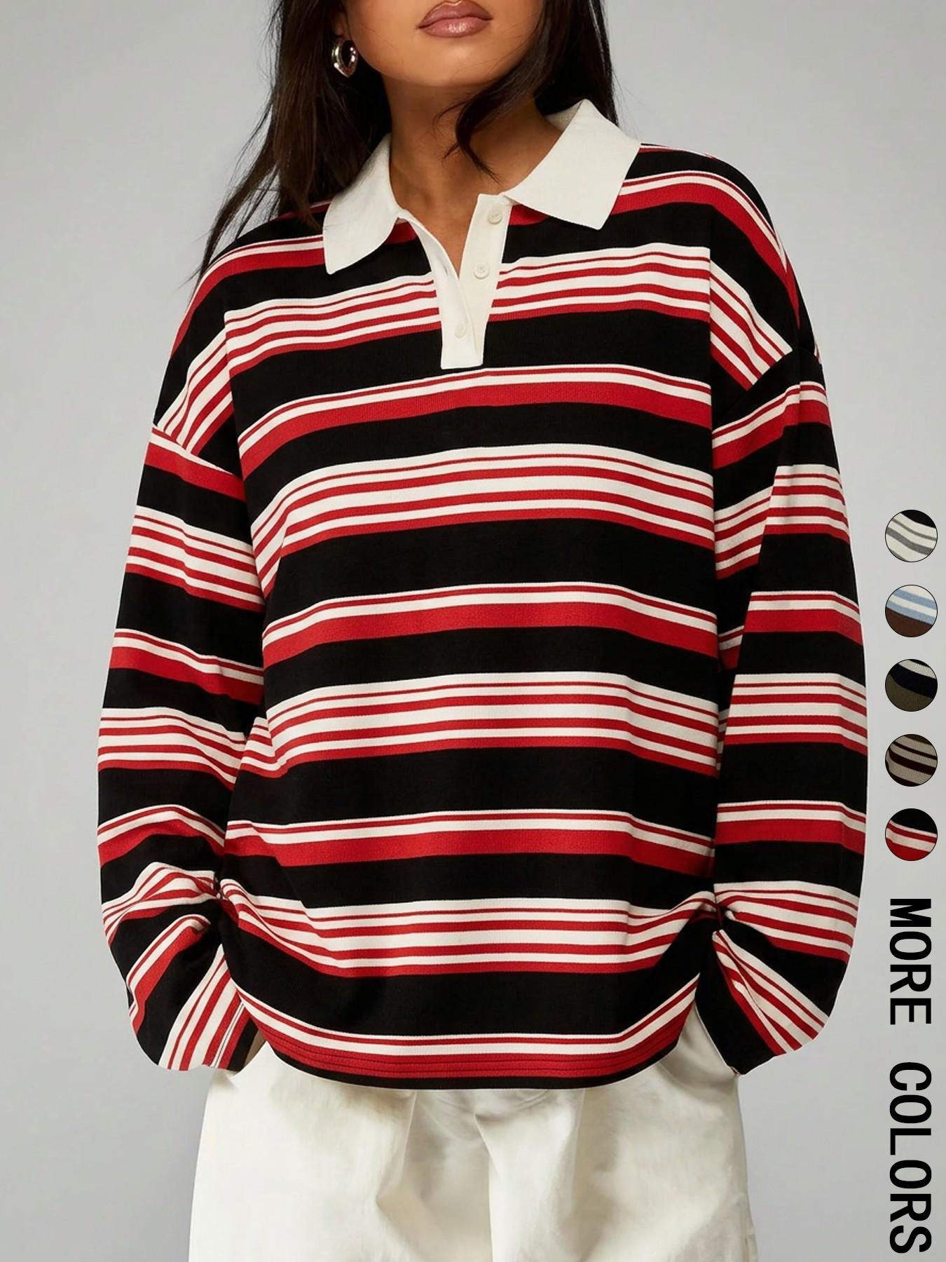 Vintage Striped Collared T-Shirt, Casual Loose Fit, Daily Commute/dating, Comfortable and Stylish, Perfect for Everyday Wear