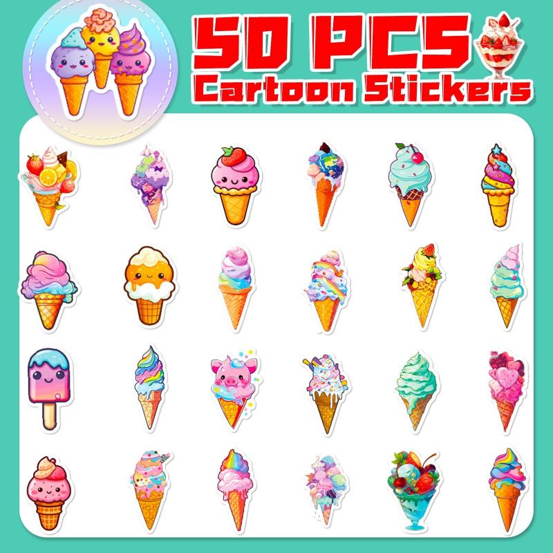 50 sheets colorful ice cream cone stickers, featuring an Instagram-inspired summer theme, showcasing cute designs of chocolate ice cream cones and graffiti-style stickers