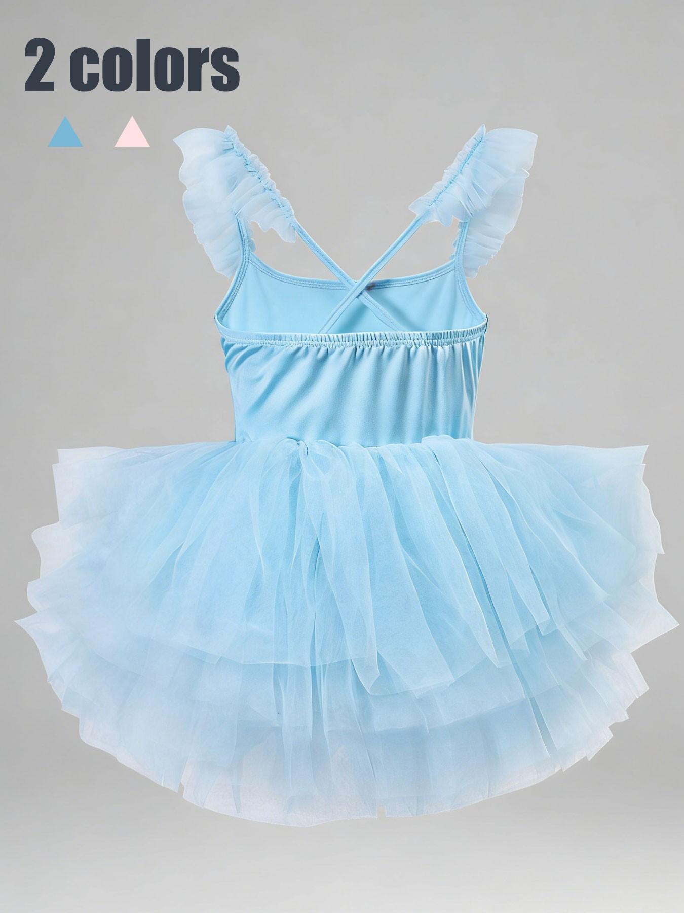 (New)Girls Birthday Party Dress with Ruffle Hem and Bow Design, Elegant Tulle Puff Skirt for Special Occasions, Fitted All-Season, Birthday Clothes(Gift)11