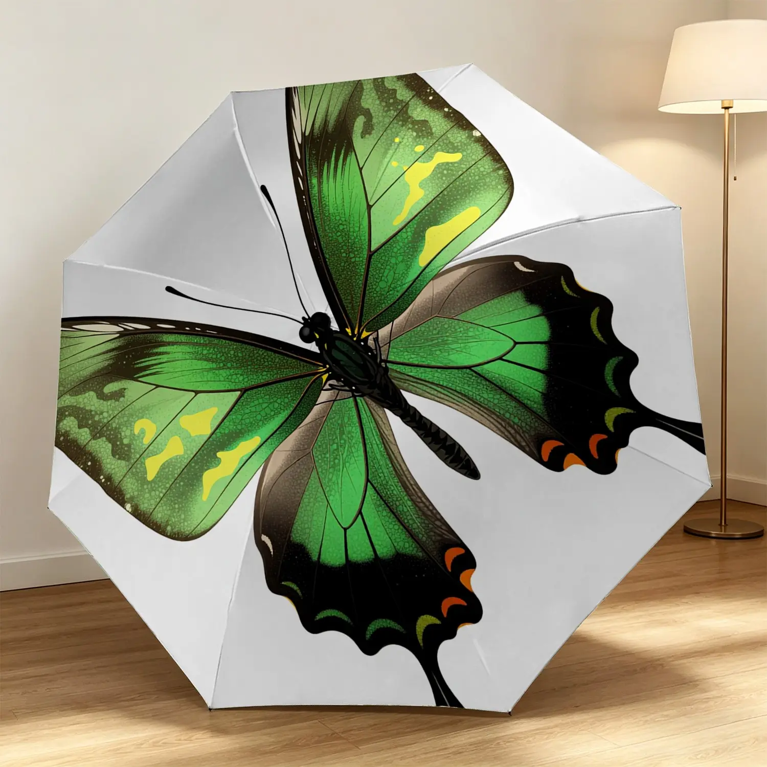 Vintage Butterfly Design Automatic Folding Umbrella, 8-Rib Glass Fiber Frame, Plastic Handle, Windproof, Halloween & Christmas Gift