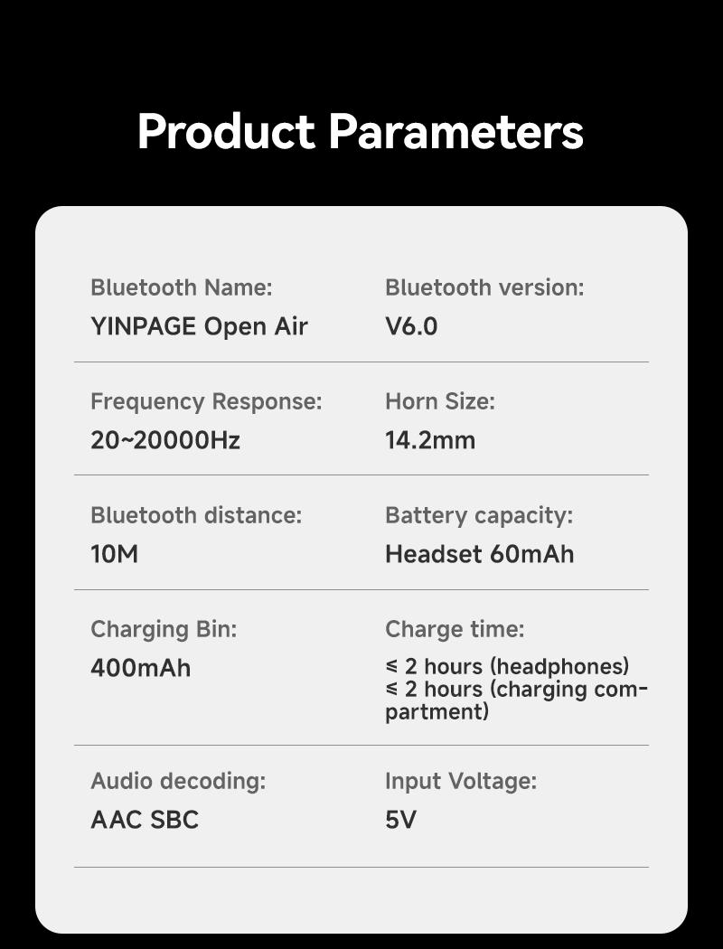 YINPAGE Open Air Mic Headset IPX5 Waterproof Sport Headphone with Charging Case for Outdoor Activities Wireless Sport Earbuds 88dB Audio Chargeable Electronic Black