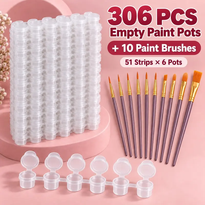 306pcs Empty Paint Pots with 10 Paint Brushes, 51 Strips x 6 Clear Plastic Cups with Lids and Purple Handle Brushes for Acrylic, Watercolor and DIY Art, Artist Supplies, No Paint Included