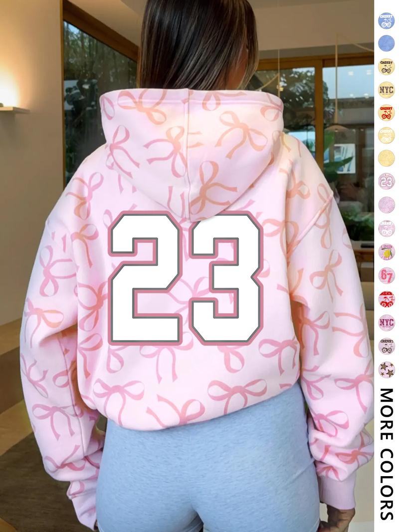Women's Hooded Sweatshirt with Bow Print, Long Sleeve Fitted Casual Top, Spring & Fall Fashion, Perfect Gift for Valentine's Day