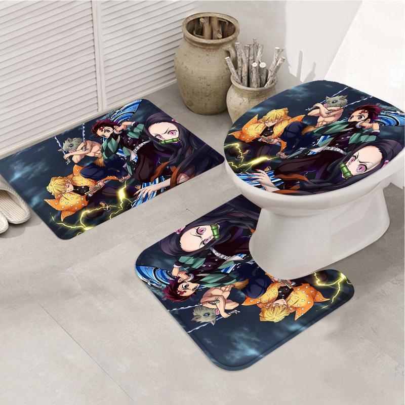 Demon Slayer Anime Print Shower Curtain Set, Includes 12 Hooks, Waterproof Curtains, Non-Slip Mat, U-Shaped Toilet Pad, Ideal Gift