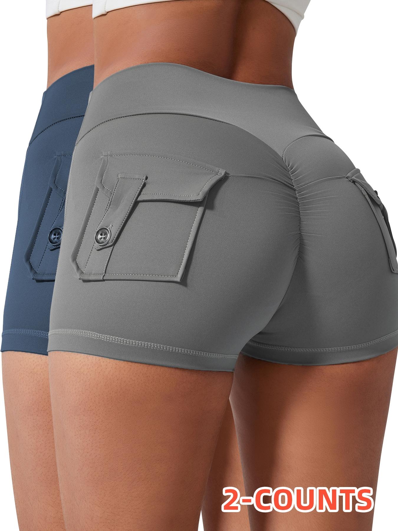 Women's Solid Button Pocket Sports Shorts, High Waist Comfy Breathable Ruched Skinny Sports Shorts for Yoga Gym Workout Running, Ladies Sportswear for Fall & Winter, Breathable Fitness Shorts