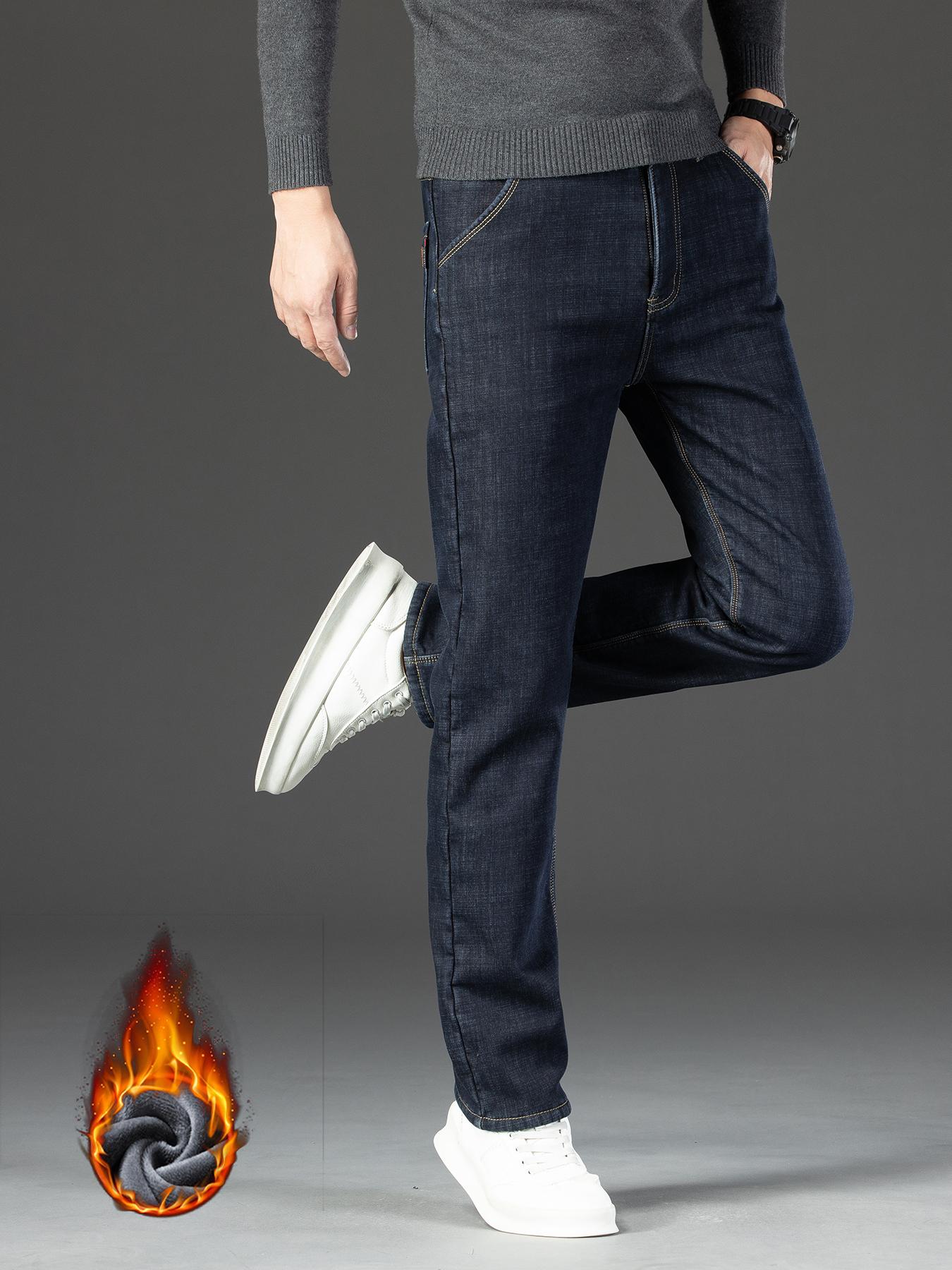 Men's Fleece Lined Denim Jeans, Loose Straight Leg Long Pants, Warm Fashionable Winter Washed Jeans, Casual All-Season Wear