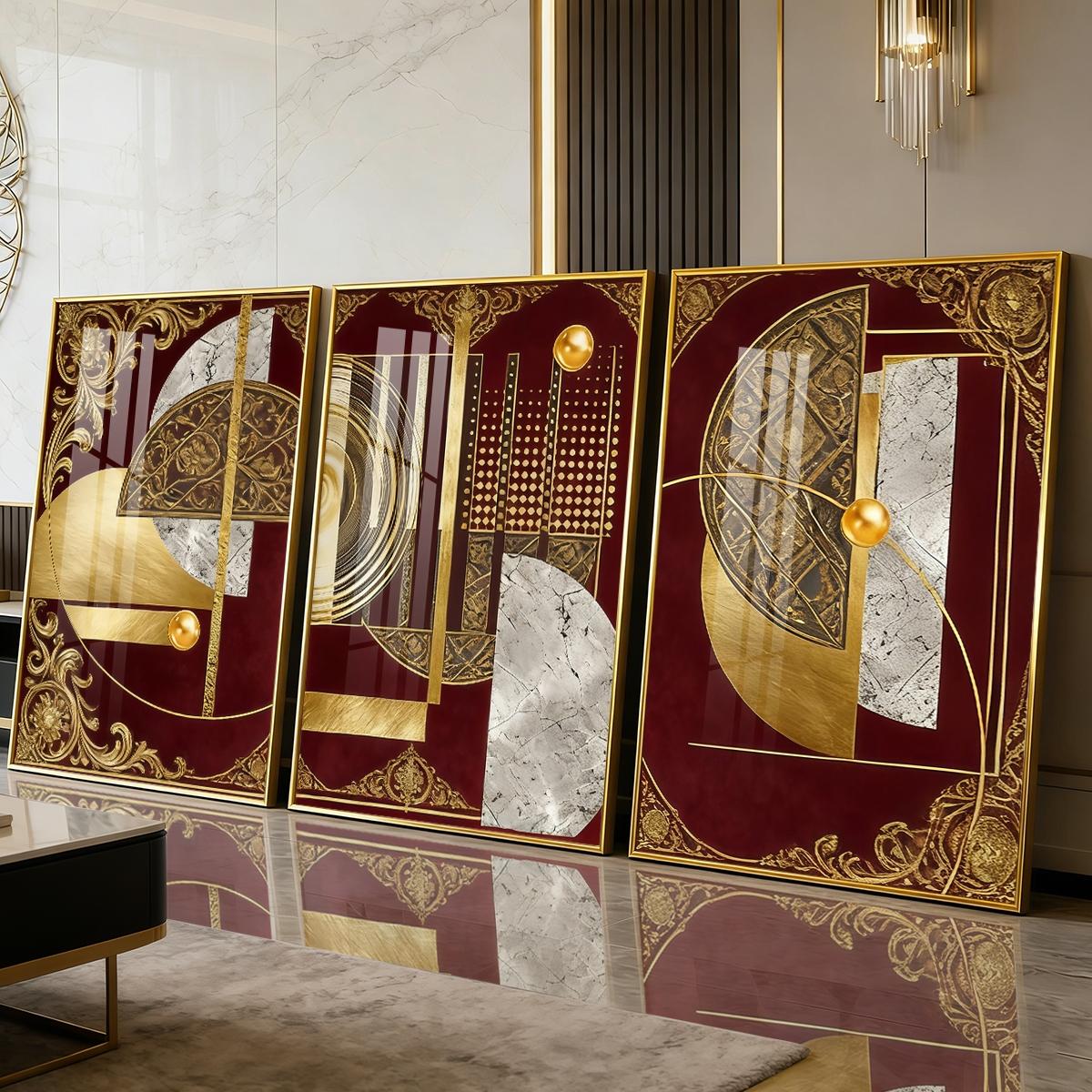 3 Counts Aluminum Alloy Framed Painting, Abstract Geometric Gold And Burgundy Art, Home Decoration For Living Room, Bedroom, Office, Restaurant, Hallway Wall Decor, Odorless Print Artwork, Luxury Perfect Gift For Friends And Family