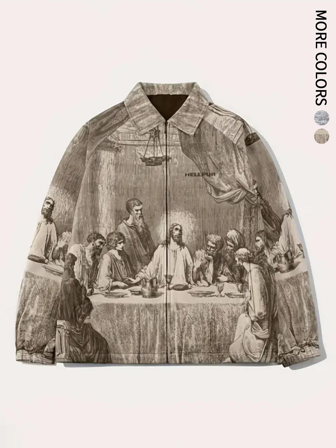 Men's Regular Fit Figure & Letter Print Pocket Zip Up Jacket, Casual Long Sleeve Collar Outerwear for Spring & Fall, Jackets for Men, Winter Clothing Men, Fashion Men's Clothes for Daily Wear Tops, Coat