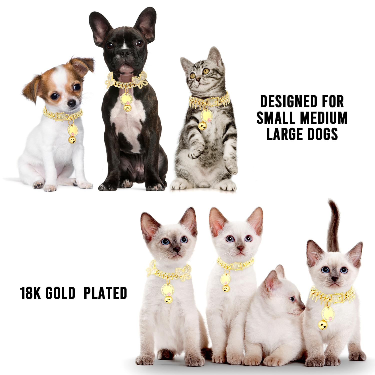 Rivet Cuban Link Dog Collar 13mm Gold Chain Dog Cat Collar with Design Secure Buckle Bling CZ Diamond Chain Dog Collars for Small Medium Large Dogs with Name Plate and Bell