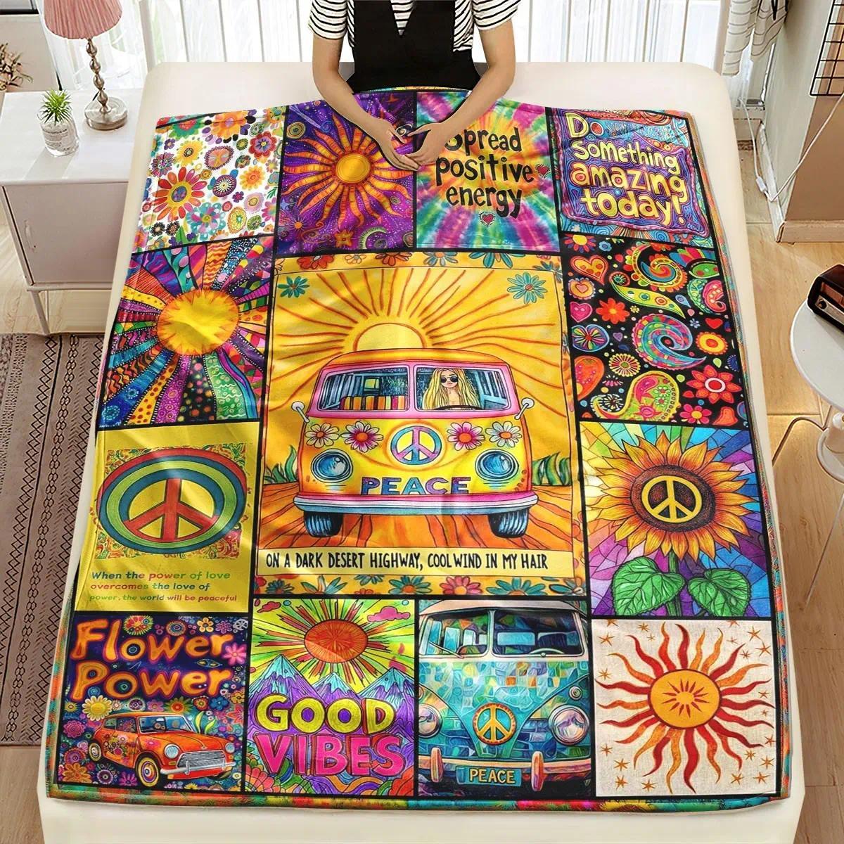 Comfortable Hippie Peace Bus Print Flannel Soft Throw Blanket, Baby Blankets and Adult Blankets, Soft Warm Anti-Pilling Fabric, Ideal for Nap, Camping, Travel, All Seasons Decor Blanket, Perfect Birthday Holiday Gift, Printed Flannel Blanket for Sofa Bed