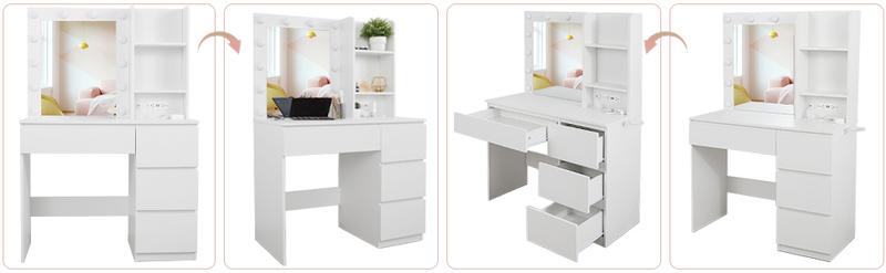 Vabches Makeup Vanity with Lights, 37inch Vanity Desk with Power Strip, 4 Drawers Makeup Table with Lighted Mirror, 3 Lighting Colors, White