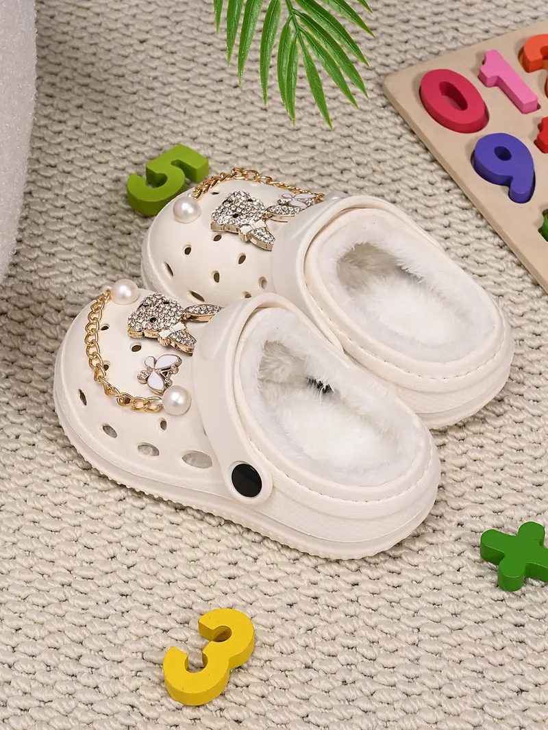 Water Drill Rabbit Butterfly Pearl Chain Fuzzy Warm Shoes, Girl Winter Anti-Slip Plush Toe Slippers, Casual Eva Material, Butterfly Pattern Slippers, Fuzzy House Slippers