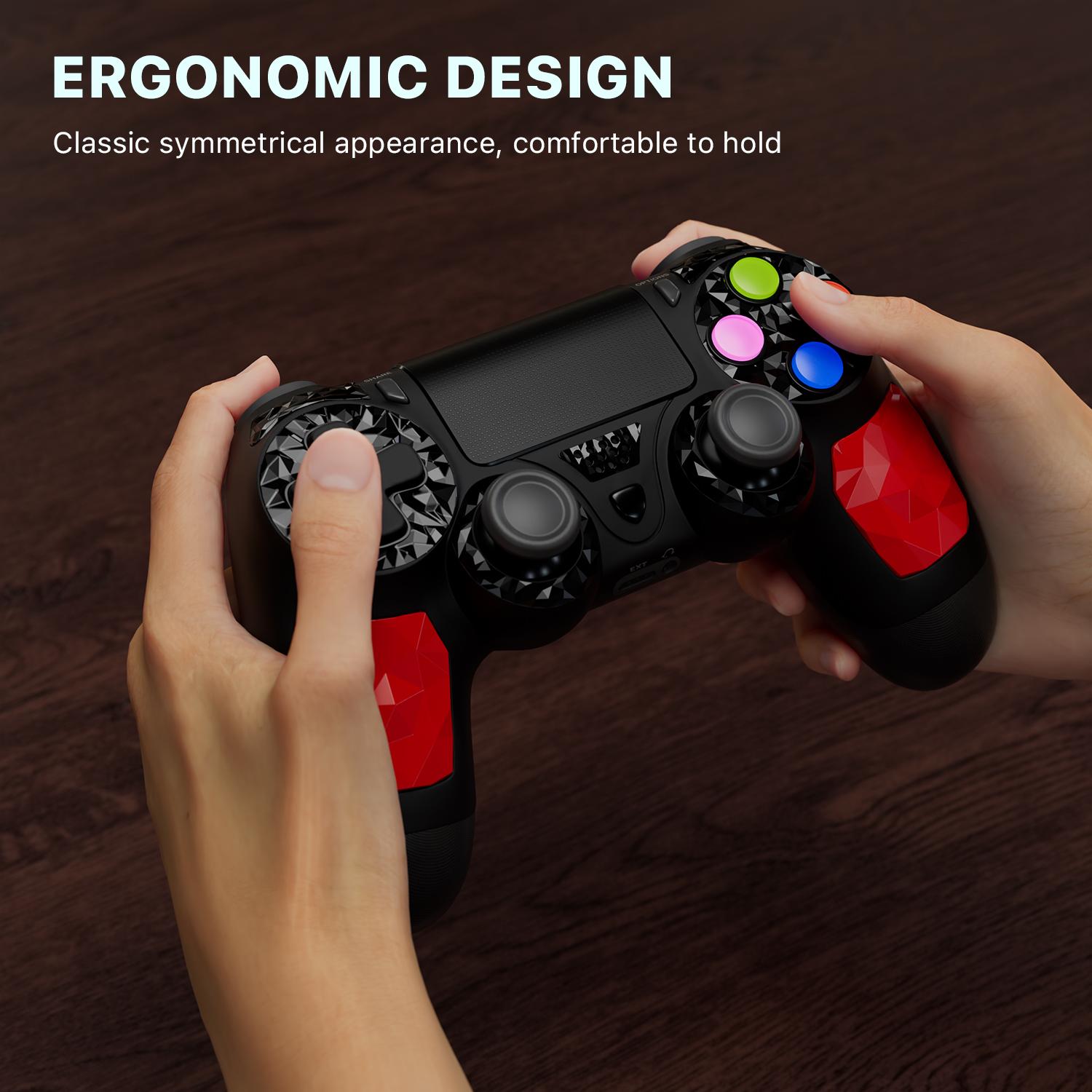 ISHAKO Wireless Game Controller For PS4/PS3/PC/Android/iOS, With Double Vibration, Six Axis Gyro, Touchpad, Built in speaker, Audio jack, Gamepad for PS4, Red PS413