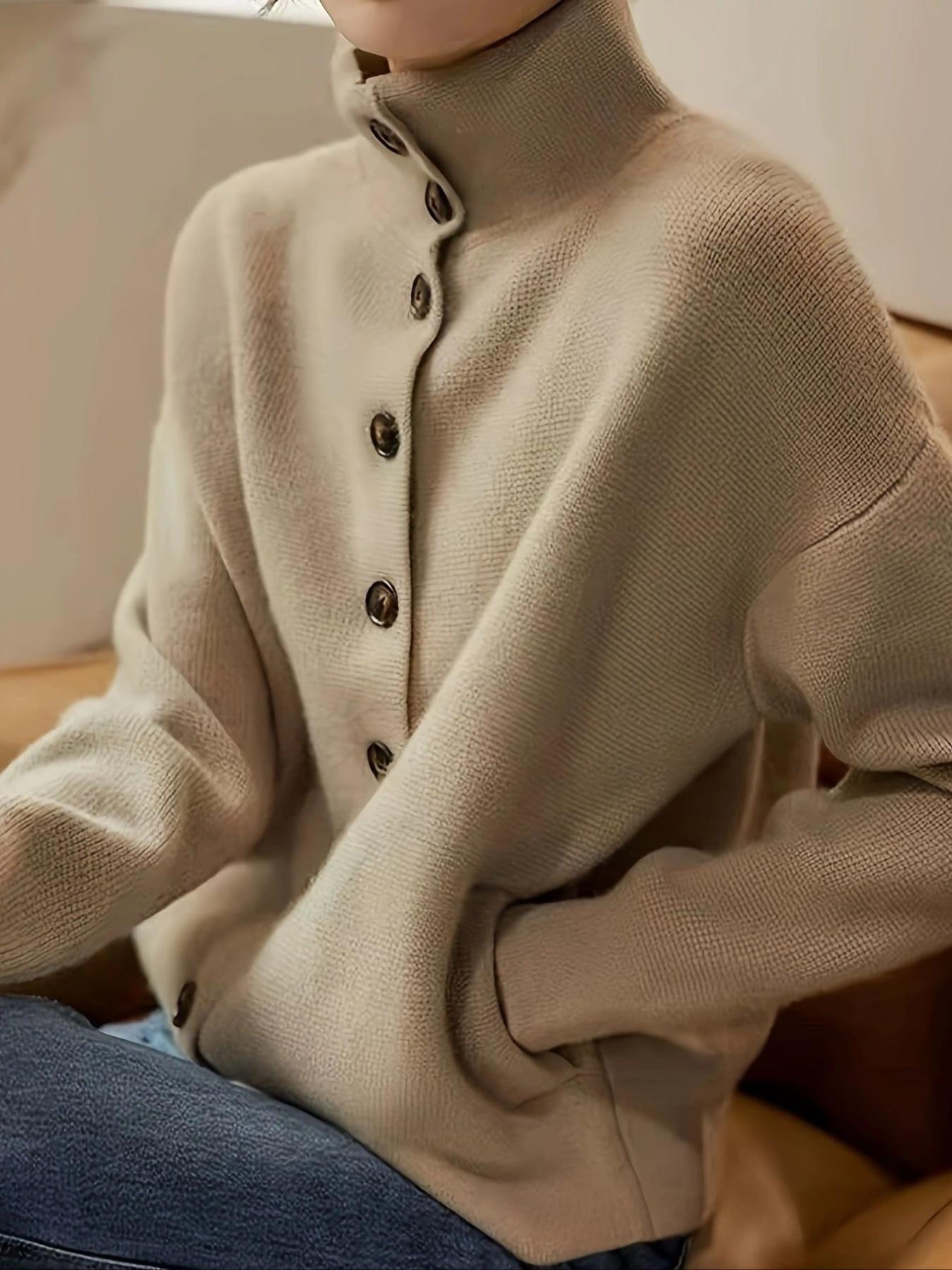 New Fine Knit Stand Collar Button Cardigan, Minimalist Plain Design, Loose-Fitting Fall & Winter Outerwear, Versatile Autumn Coat, Knitwear