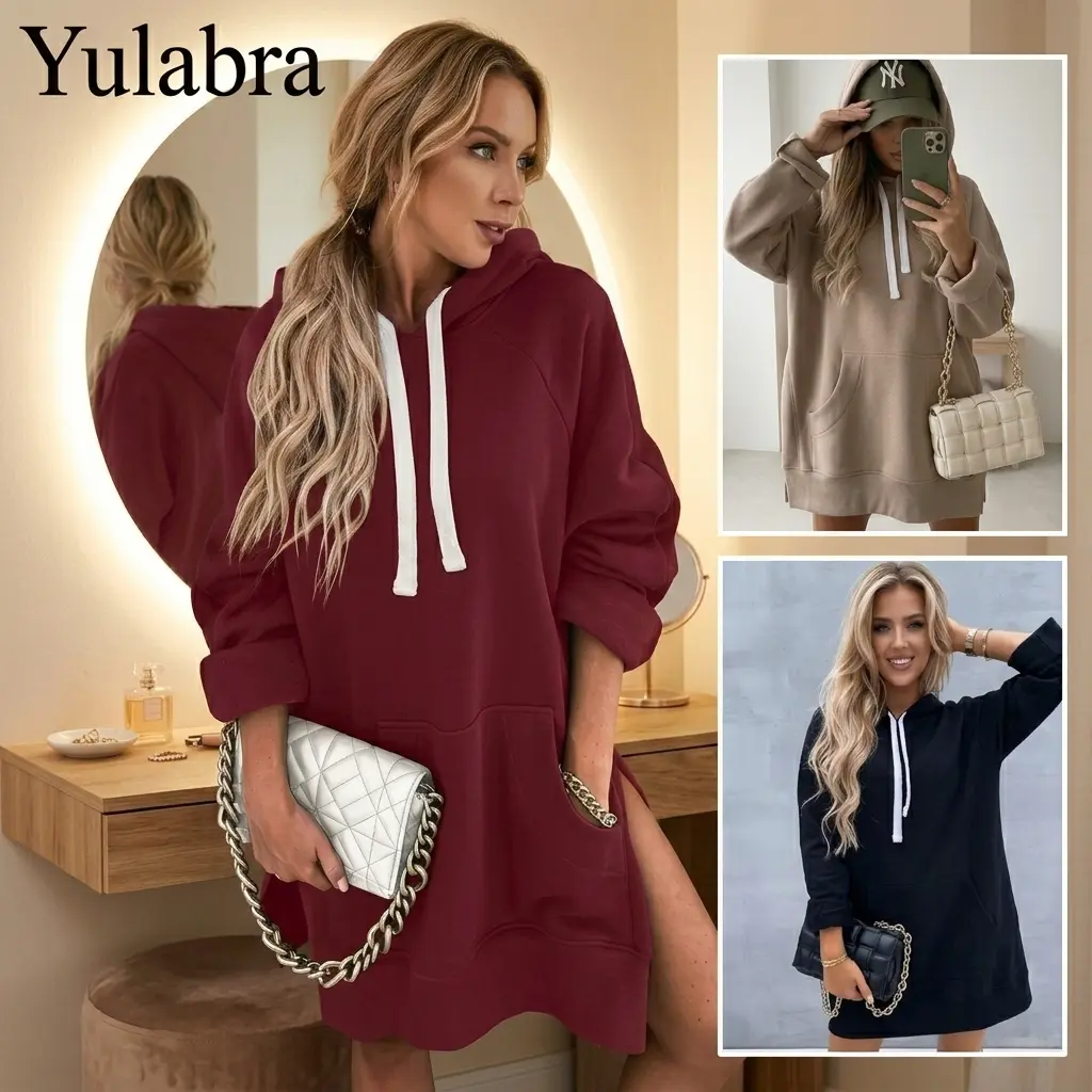 Yulabra Women Solid Color Hooded Split Hem Midi Sweatshirt, Fall Winter Loose Casual Long Hoodie Tunic Top