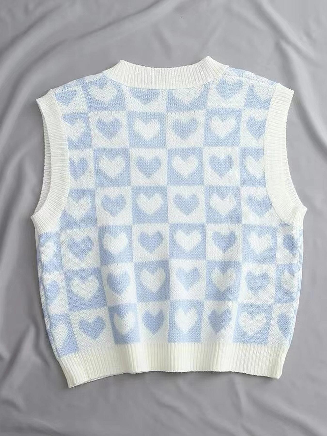 Women's Heart Print V Neck Sweater Vest, Casual Comfy Sleeveless Knit Top for Daily Outdoor Wear, Women Knitwear for Spring & Fall