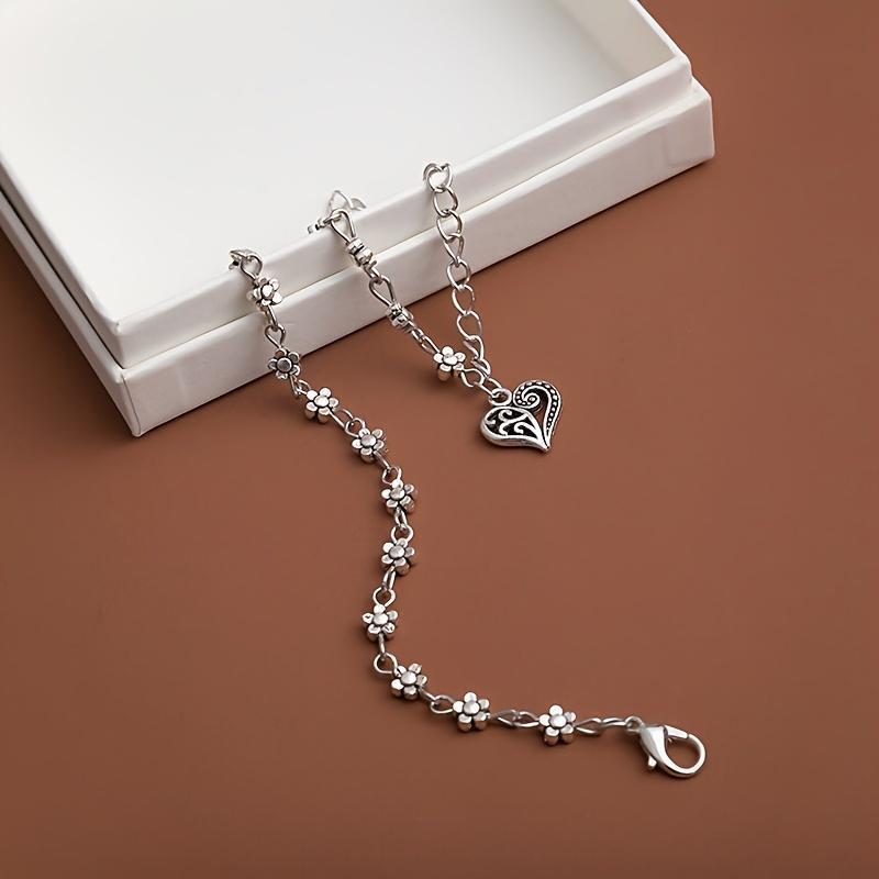 Women's Silvery Stainless Steel Bohemian Ankle Bracelet - Hollowed Plum Blossom Flowers, Love Heart Designs, Tassel Foot Chain - Casual Female Costume Jewelry for Birthday Gift, Beach Party