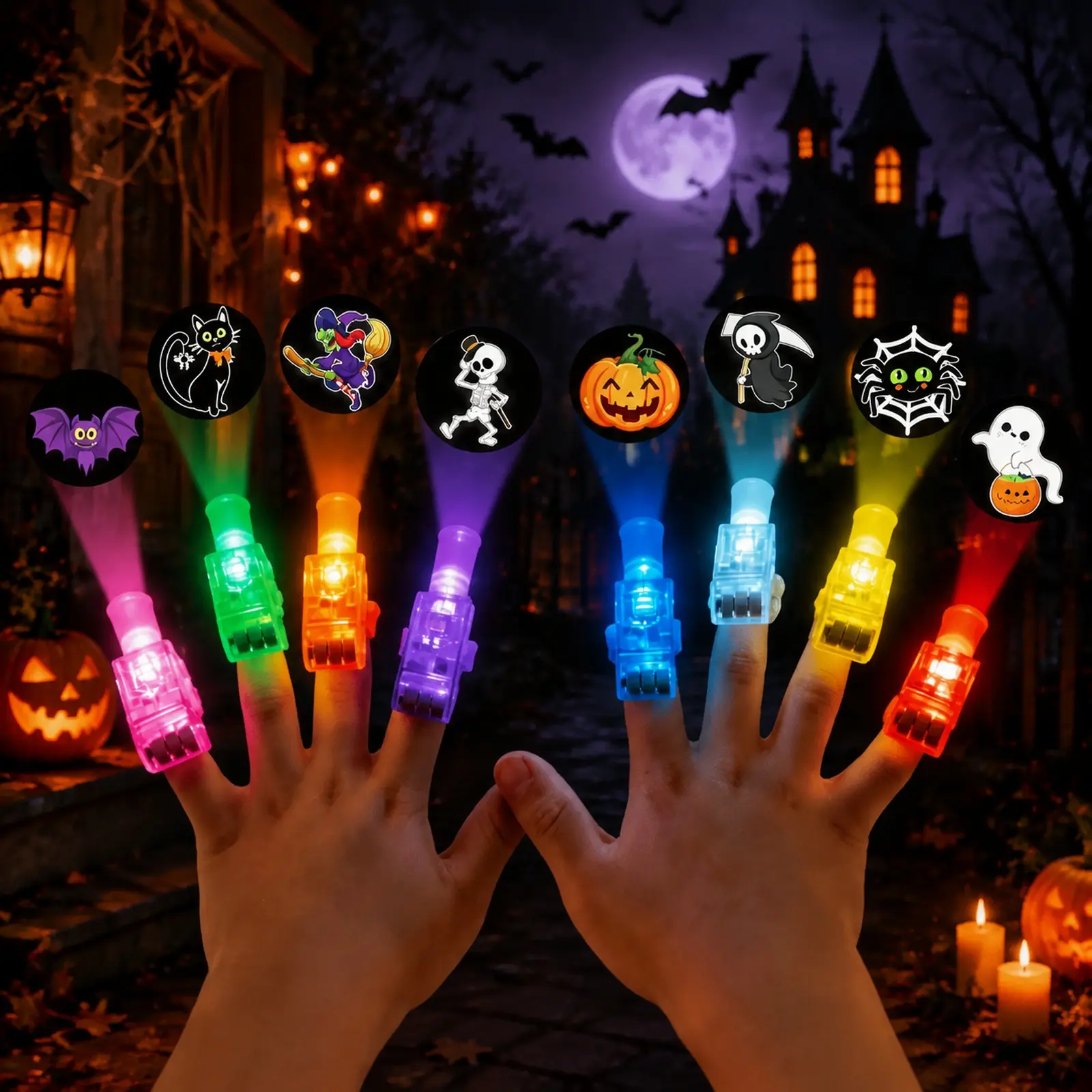 Child‑Safe Lightweight Halloween LED Projection Finger Lights 8pcs/16pcs/24pcs/32pcs , Multi‑Color Light Up Finger Projectors with Pumpkin, Ghost, Witch, Bat Cartoon Patterns, Halloween Trick or Treat Goodie Bag Fillers, Night Party Ambient Decor Supplies