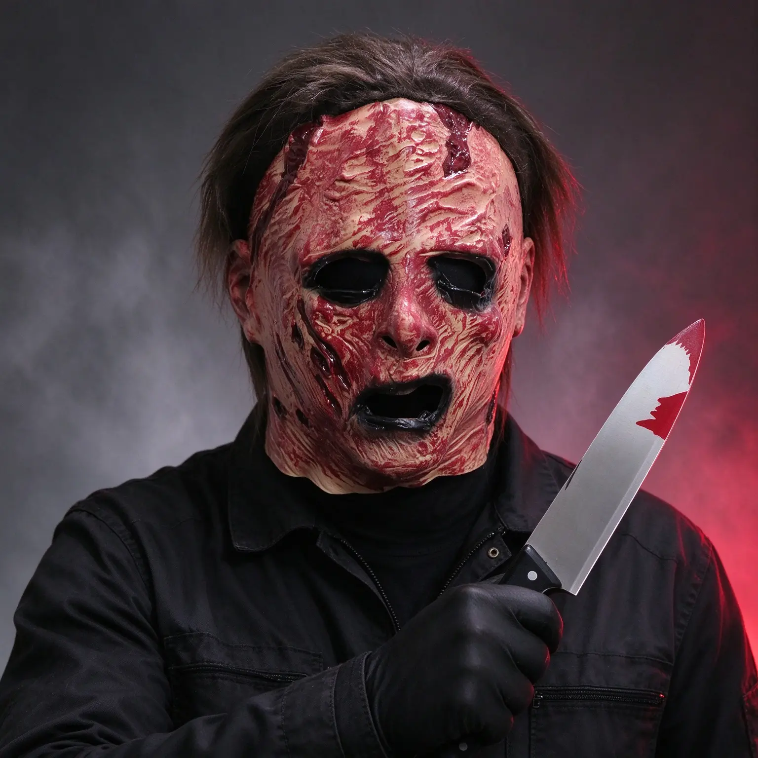 Adult Scary Brown Hair Human Face Mask, Realistic Bloody Look, With Dagger Prop, Halloween Costume Party Accessory