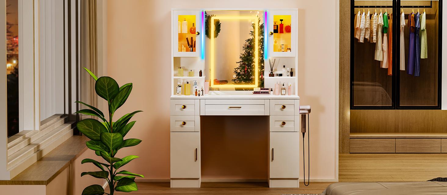 [Valentine's Day gift] LHBcraft Makeup Vanity with 16 RGB Colors LED Lights, Adjustable Dressing Table with LED Lights, Vanity Mirror Desk with Ample Storage& Charging Station