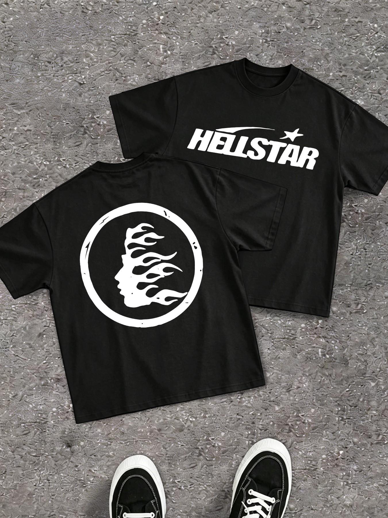 Hellstar Flame Portrait Print T-Shirt, Unisex High Street Fashion, Short Sleeve Loose-Fit Casual Top, Long Clothing for Men and Women