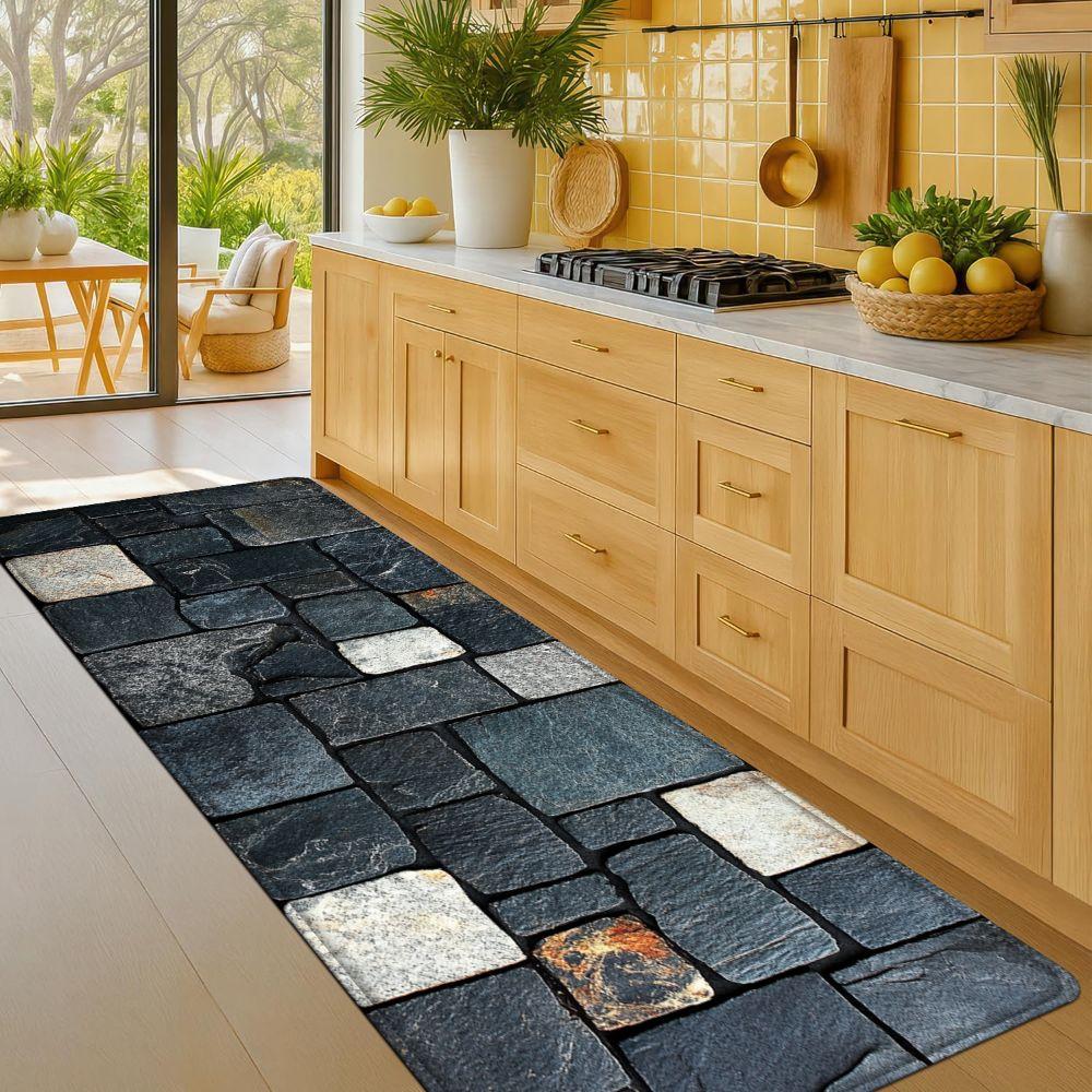 1PC， Black and White Stone Strip Splicing Patterned strip rugs, home décor, bathroom mats, entryway mats, bathroom non-slip mats, indoor entrance rugs, bedroom bedside mats, kitchen mats, hallway rugs, flannel sponge rugs, hallway runner rugs