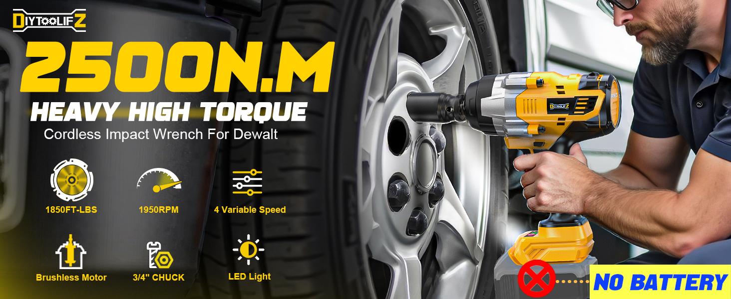 1850Ft-lbs(2500N.m)-3/4"Impact Wrench Compatible with Dewalt 20V Battery(NO Battery!!!), Brushless Impact Gun 4-Speed with Auto-Stop Reverse for Car Cordless