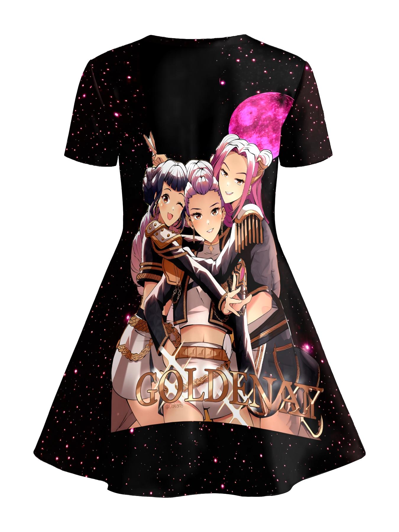 Girls Summer Anime Idol Print Dress, Kids Black Starry Sky Crew Neck Short Sleeve A-Line Skirt, Casual Princess Dress for Big Kids