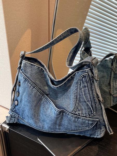 Retro denim messenger bag, old washing process, unique tailoring button design, casual fashion and versatile colors are optional, lazy style personality denim messenger bag, suitable for daily travel, etc., Denim shoulder bag, Crossbody shoulder bag