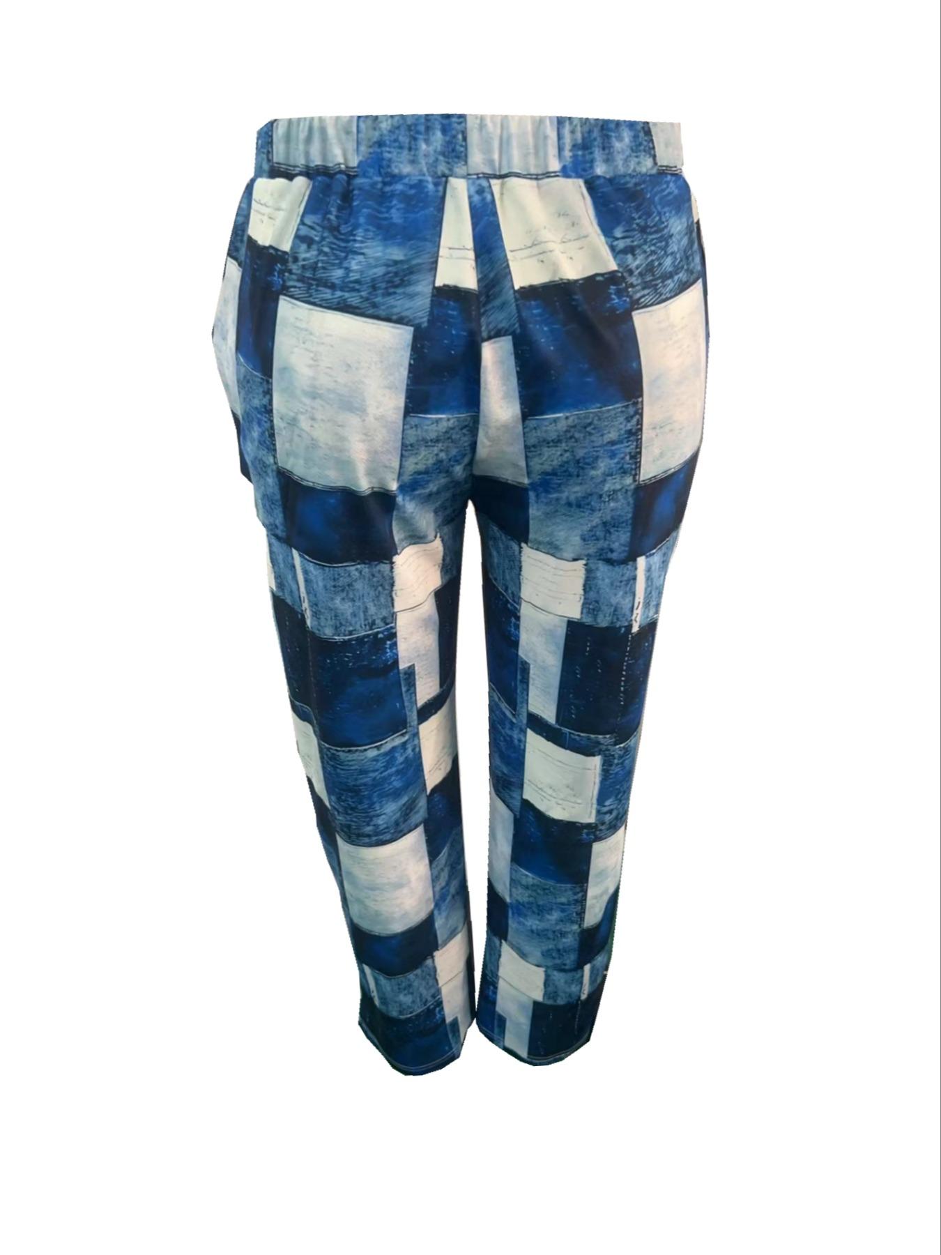 【Plus Size】 Colorblock Patchwork Print Drawstring Waist Pants, Casual Fashion Comfy Pocket Trousers for Daily Wear, Women's Bottoms for Summer