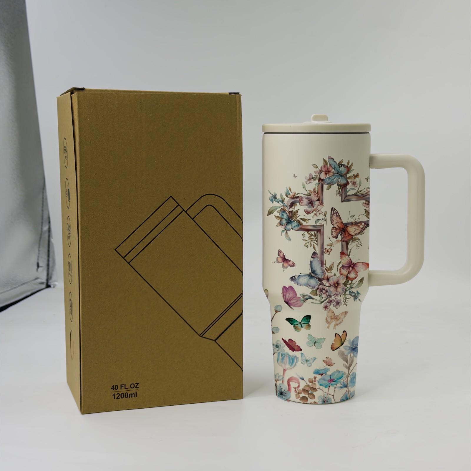 1 Pc 40oz insulated mug Tumbler, Christian Bible verse floral cross butterfly design, double wall vacuum insulated, leak proof lid with handle, keeps hot 12 hours and cold 24 hours, for hot cold drinks, office travel gym, faith gift for women men, holiday