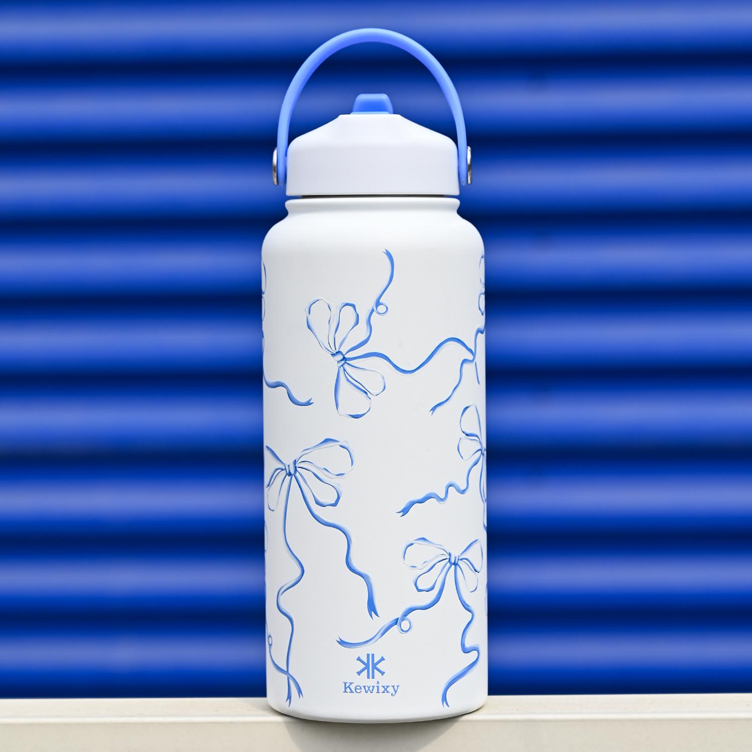 [Bonus keychain] KEWIXY 18oz&32oz Pink Bow Water Bottle, Cute Cherry, Flip Straw Lid, Stainless Steel, Leak Proof, 24-hour Cold, Reusable, Portable for Travel, Gym and School Tumbler Mug Cup