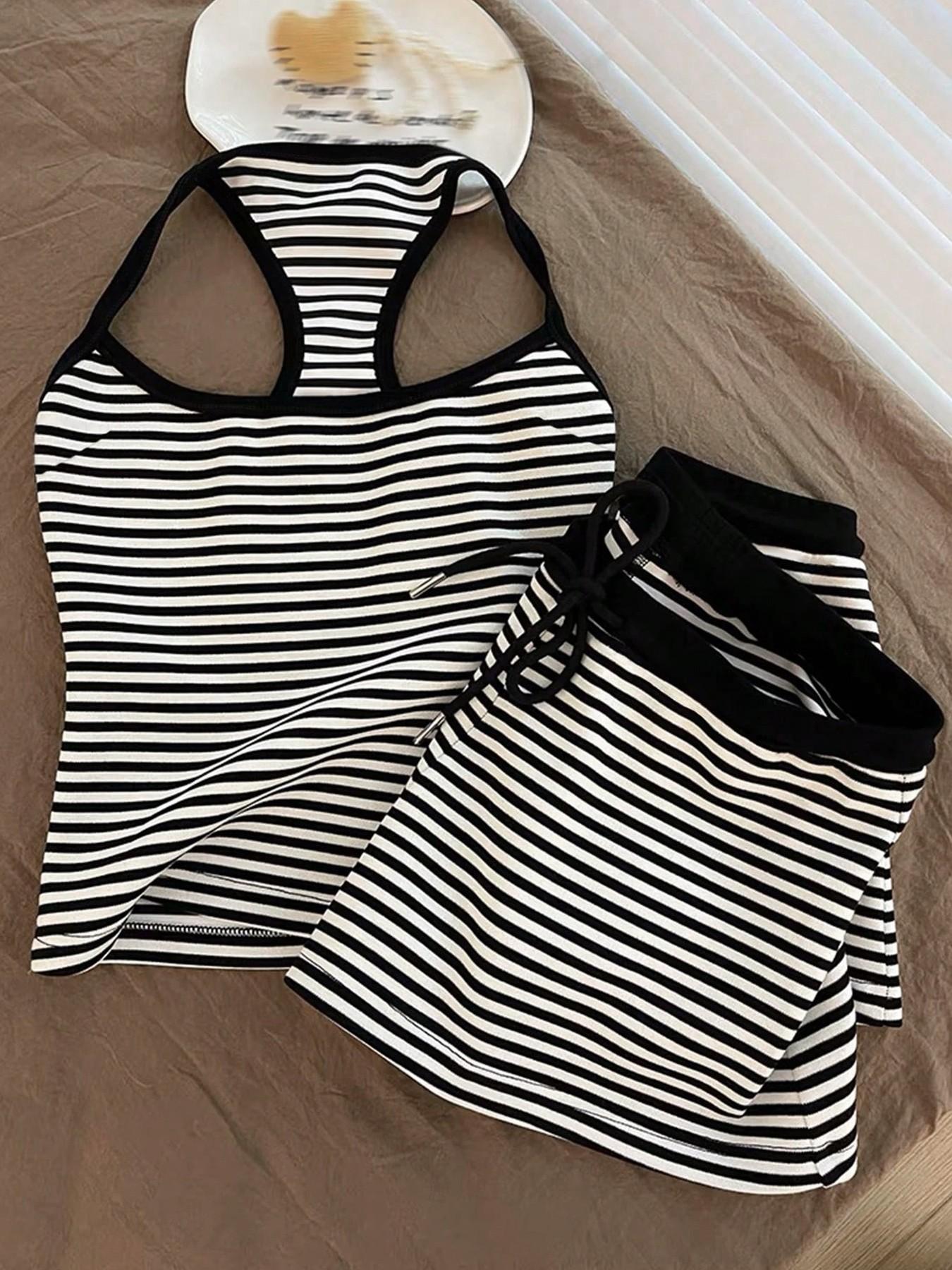 Basic Striped Casual Matching Set for Women - Halter Sleeveless Crop Top &  Shorts Beach Vacation Outfits