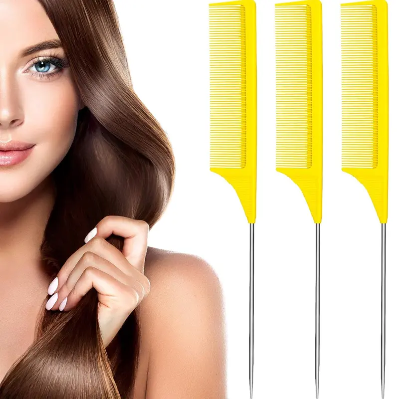 3 Packs Carbon Fiber Rat Tail Combs, Heat-Resistant Teasing & Styling Combs with Stainless Steel Pintail, Durable Hairdressing Hair Tools