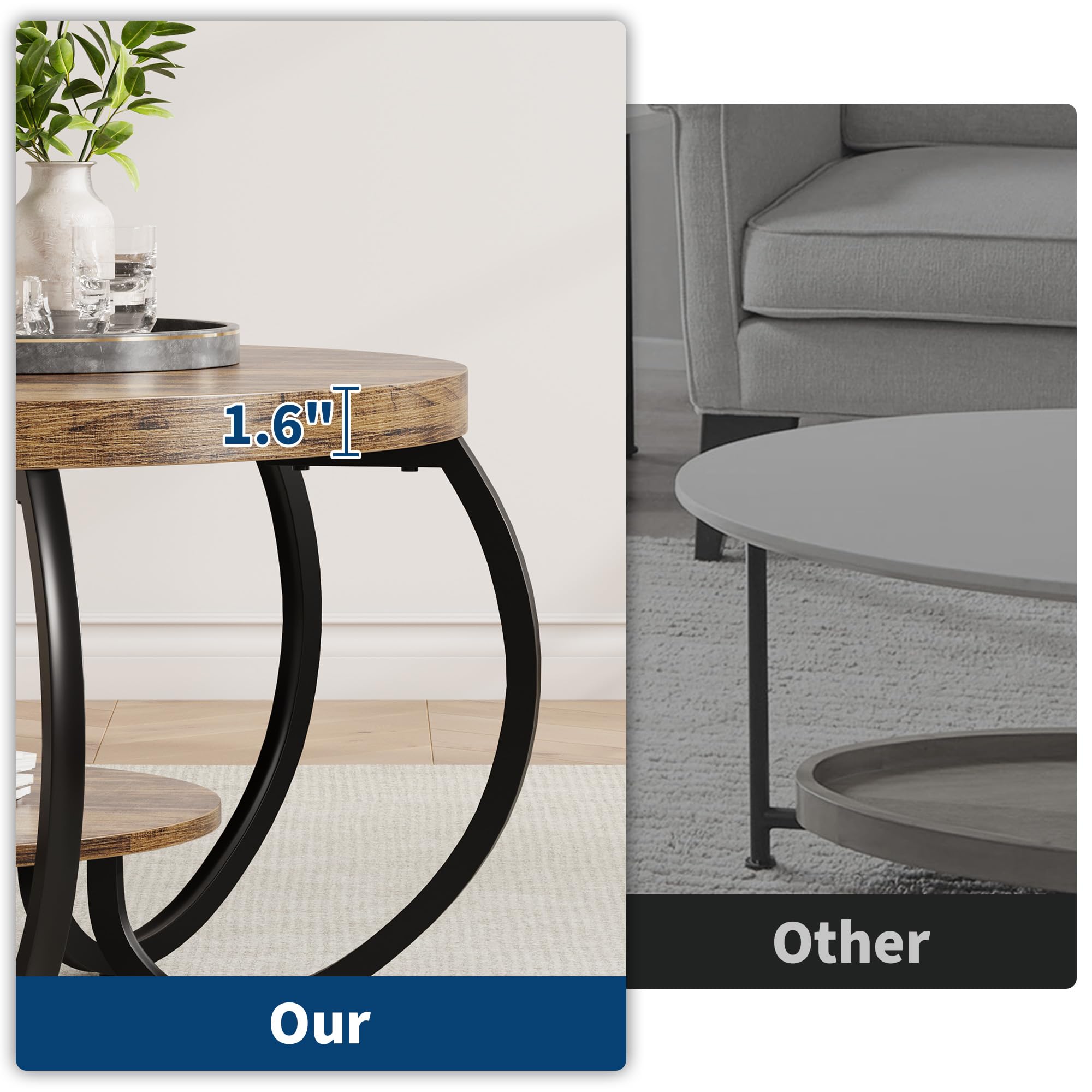 30 Inch Round Farmhouse Coffee Table with Storage Shelf, 2 Tier Rustic Wood Center Table with Curved Metal Legs, Compact Living Room Furniture for Small Spaces Apartments Office