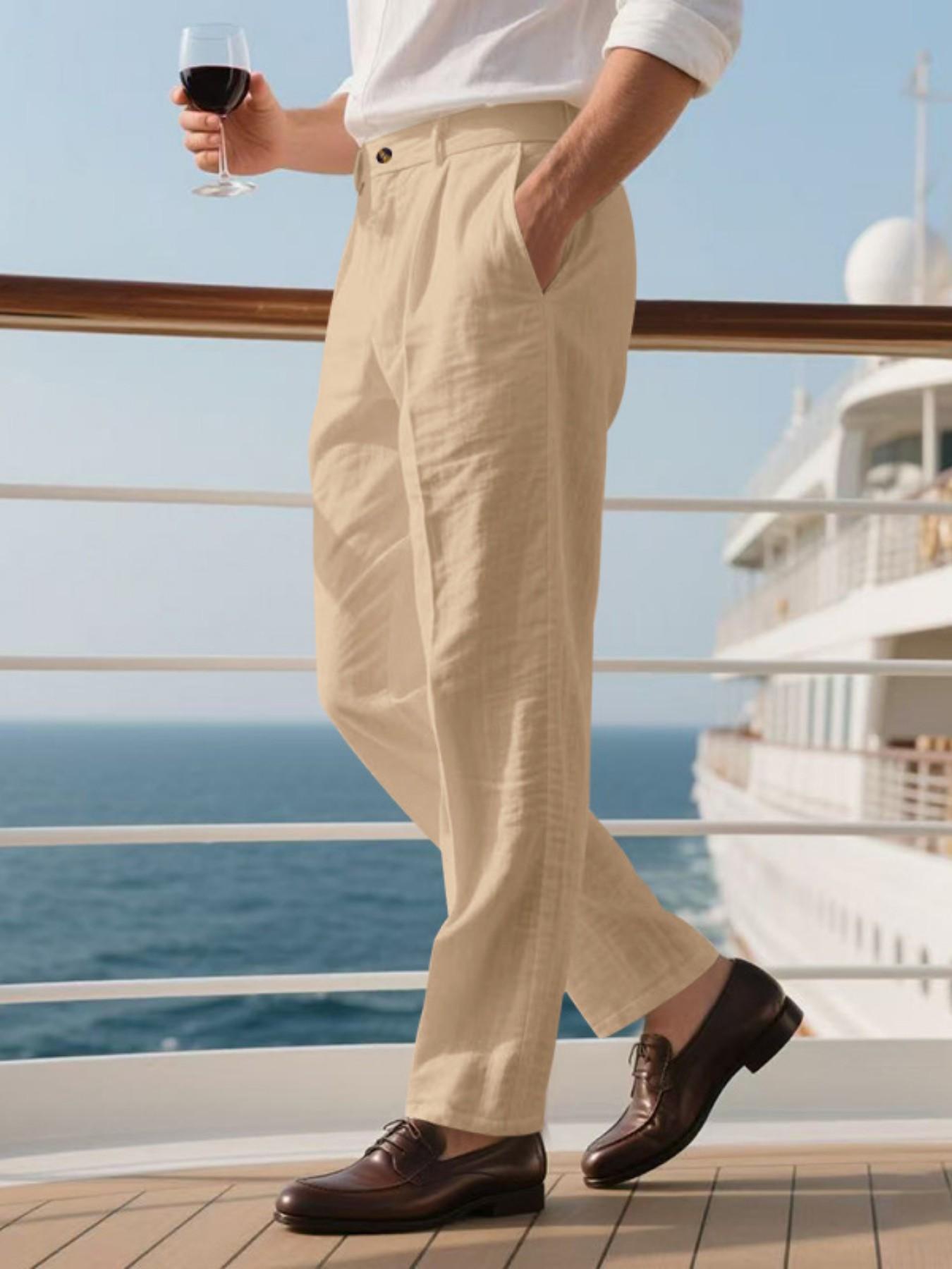 Men's Pleated Linen Breathable Straight Leg Casual Comfy Trouser, Single Button Front, Loose Fit, Relaxed Fit, Beach Vacation, Business, Solid Color, Multicolor
