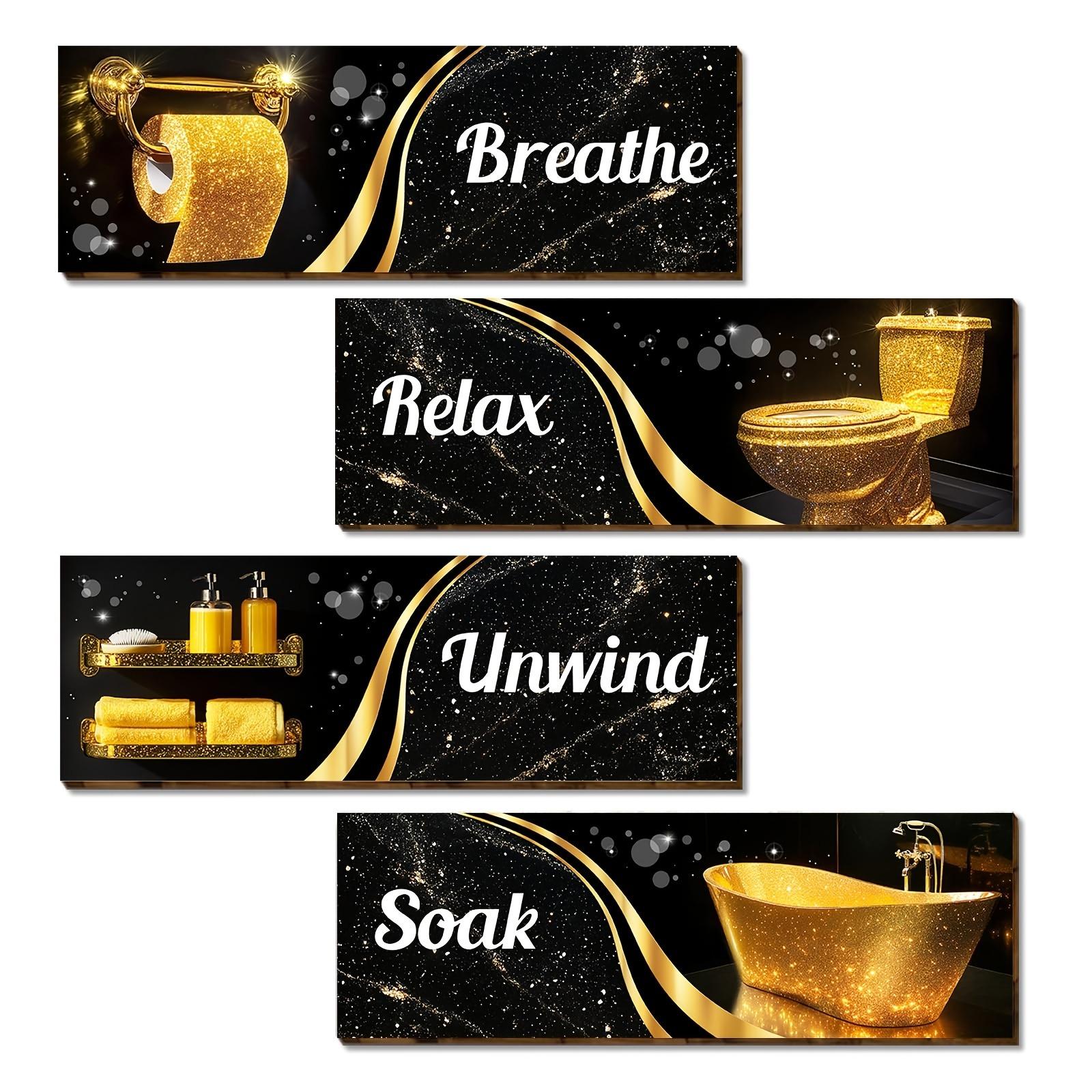 4pcs Black and Golden Wooden Wall Art Set - Abstract Bathroom Decor Sign "Breathe, Relax, Unwind" - Sparkling Toilet Wall Decoration for Home, Bathroom, Laundry Room, Living Room, and Bedroom