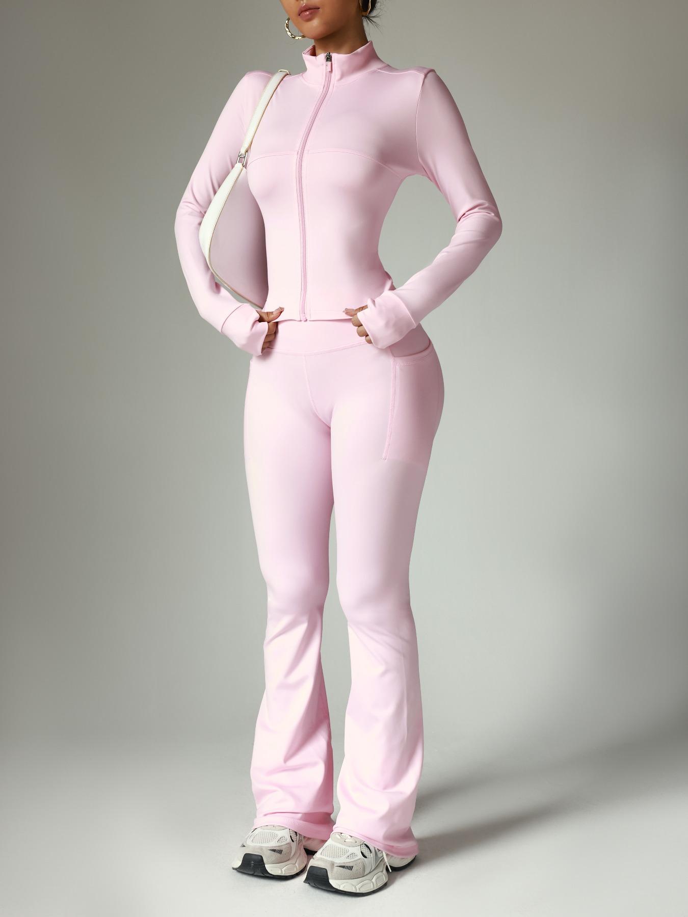 Women's Solid Color Zipper Jacket & Pocket Flare Pants Set, Athleisure Wear Set, Perfect for Yoga & Gym & Outdoor Use, Comfortable Breathable Outfit for Autumn Winter