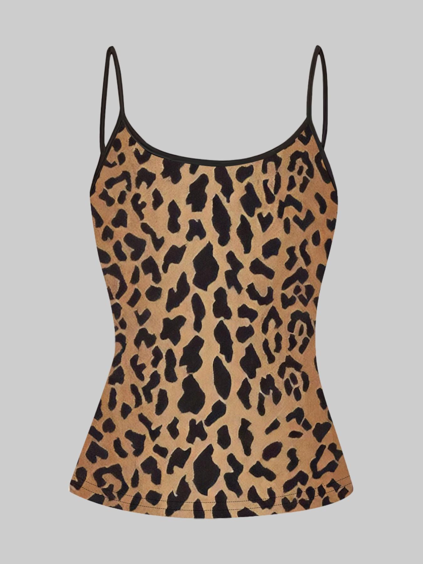 Classic Leopard Print Strappy Top, Summer Home Sleepwear Outerwear, Unique Slim-Fit Shirt Set of Four Pieces, Casual Style