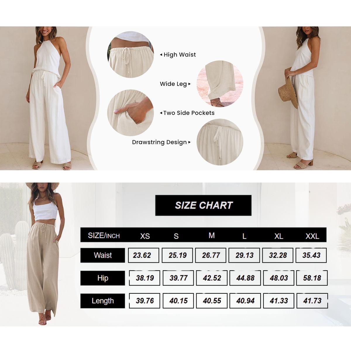 Yeokou Women's  Cotton Linen Summer Palazzo Pants Flowy Wide Leg Beach Trousers with Pockets
