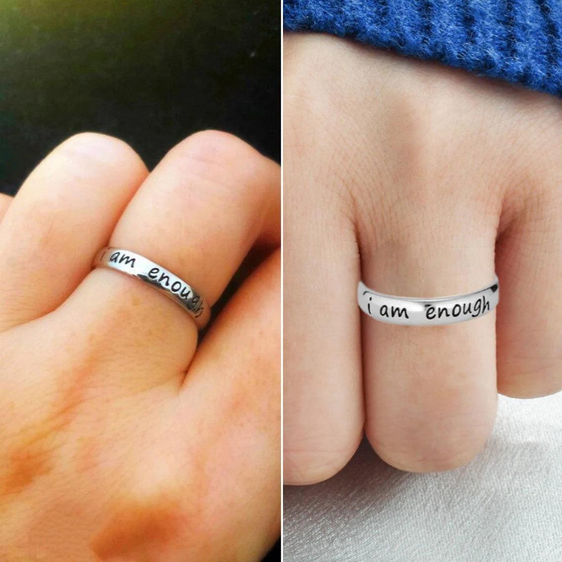 Women's Stainless Steel "I Am Enough" Inspirational Engraved Round Band Ring, Plain Simple Elegant Metal-Coated Fashion Jewelry, Multi-Size Band Rings for Casual Wear