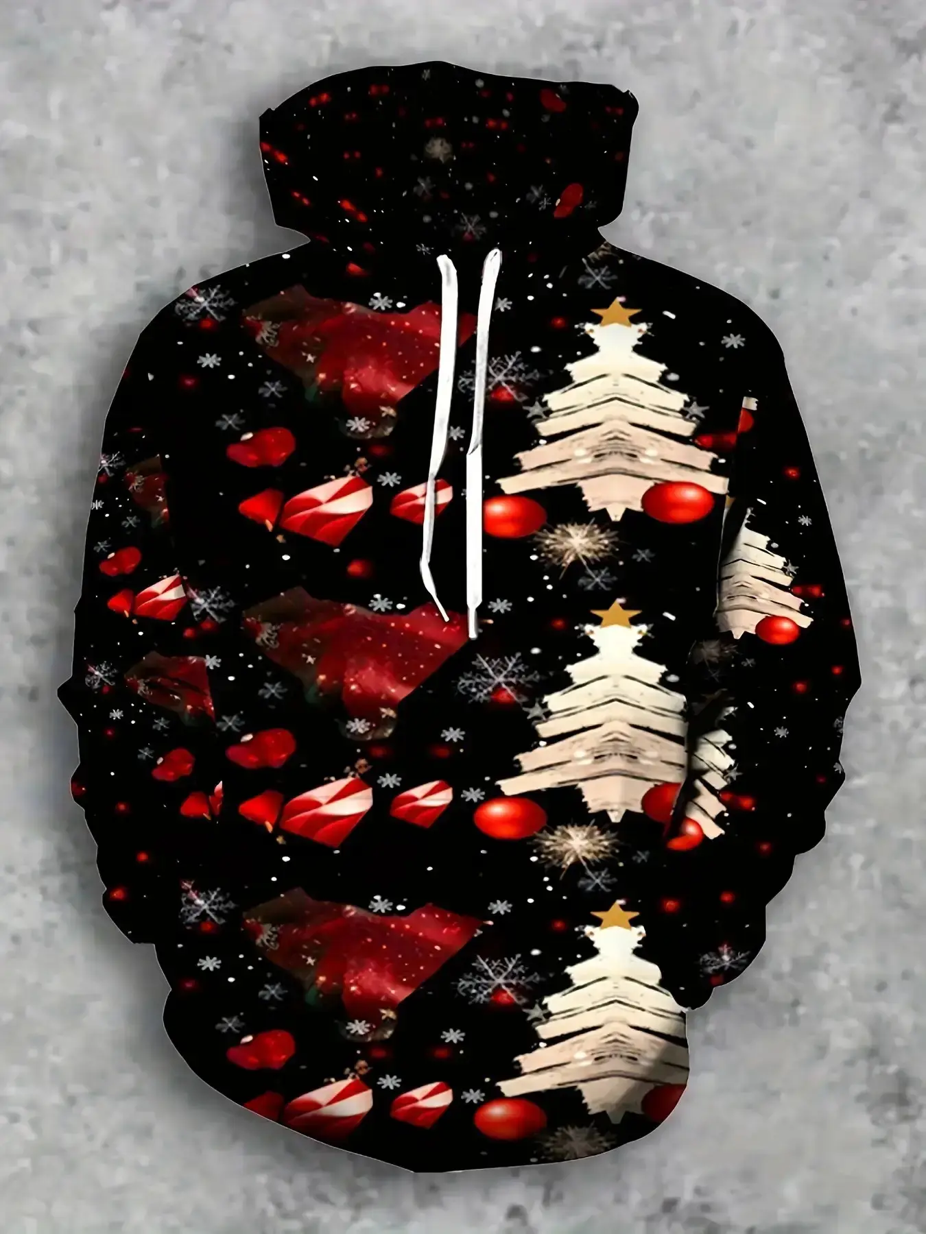 Men's Christmas Hooded Sweatshirt - Comfortable red and white winter pullover with snowflakes and candy cane prints, long-sleeved casual hooded shirt with pockets, featuring the festive "Merry Christmas" design