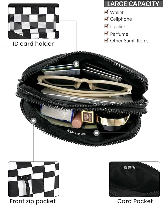 Checkered Wristlet Wallets for Women Nylon Quilted with 4 Zippers Travel Credit Card Holder Cell Phone Organizer Coin Purse Crossbody Key Bag with ID Window RFID Blocking Compact Pouch