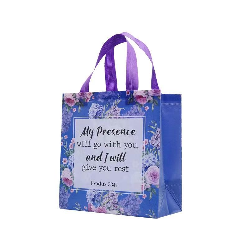 32 Bible Verse Gift Bags, Reusable Non-Woven Christian Gift Bags with Handles, Inspirational Floral Design, Blue