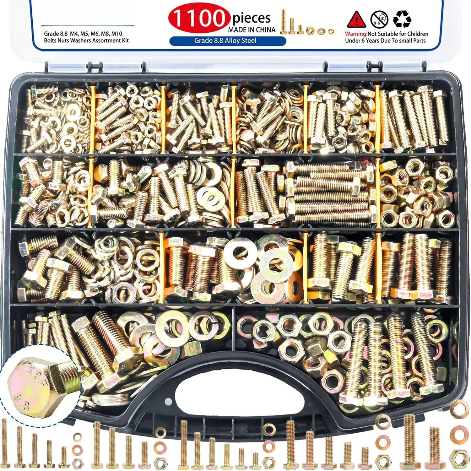 1100cs Grade 8.8 Metric Hex Nuts & Bolts Kit with Flat & Lock Washers, M4-M10 Sizes, Heavy Duty, Yellow Zinc Plated, 12-40 mm Length