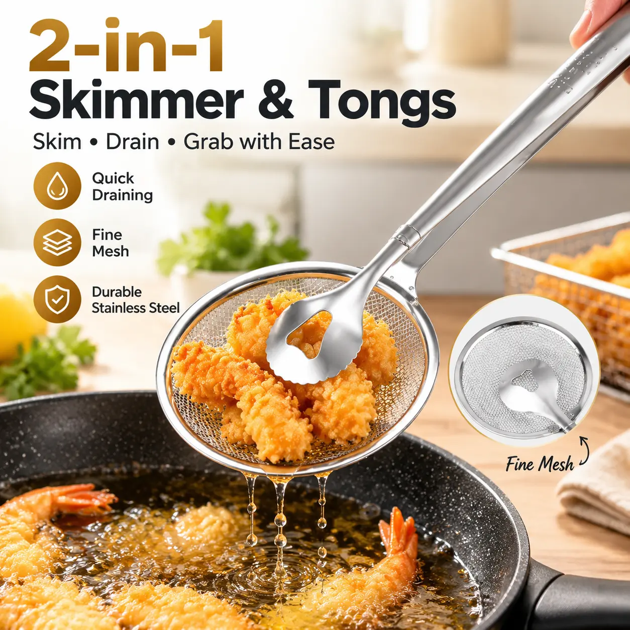 Stainless Steel Oil Filter Clamp, Multi‑Functional Oil Scooper, Oil‑Draining Food Holder, Practical Kitchen Gadget for Filtering Residue, Draining Oil, Versatile Cooking Tool for Home Kitchen Daily Food Preparation-YY2