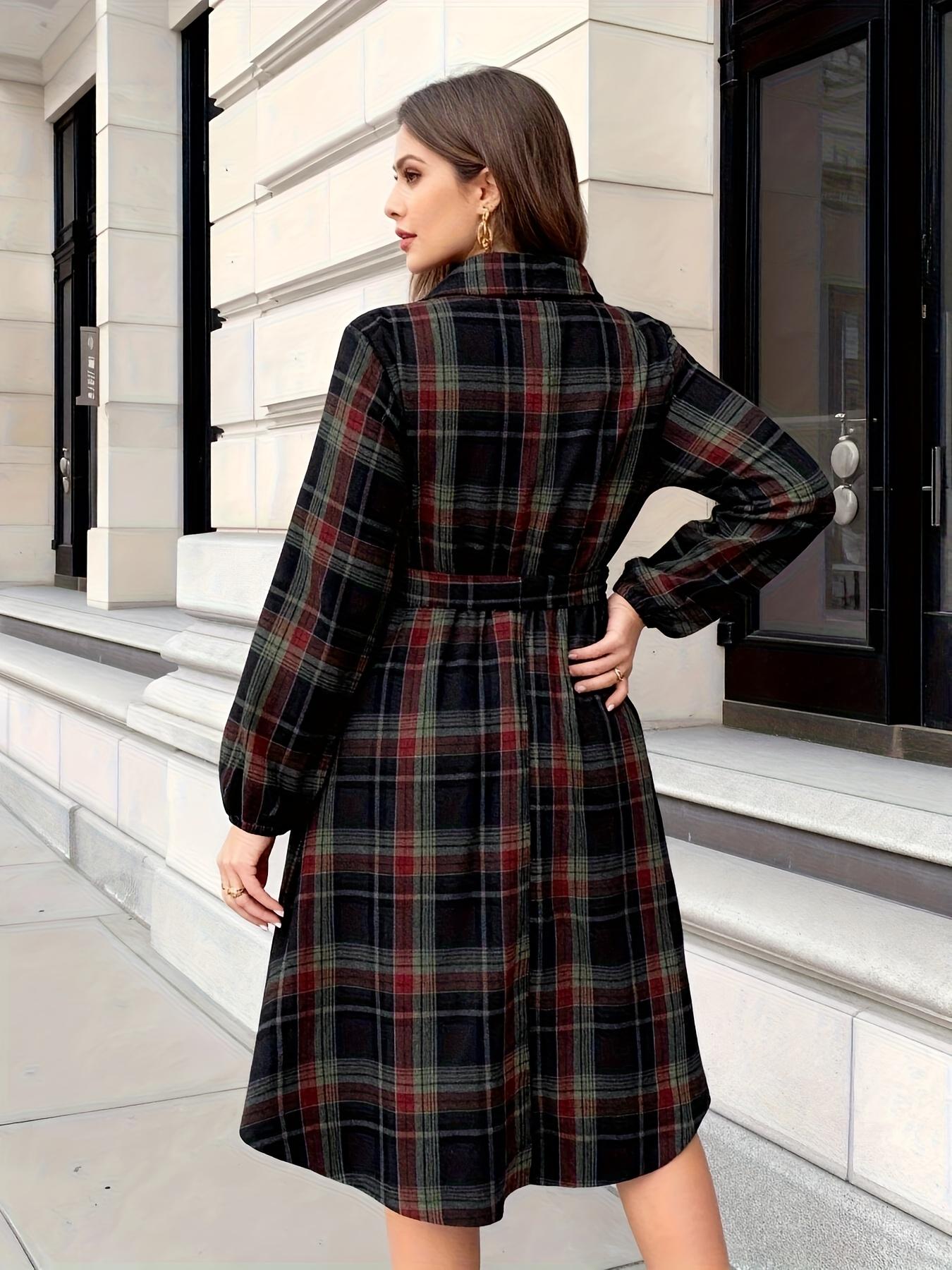 Elegant Casual Plaid Button Front Long Sleeve Dress, Loose-Fitting Ditsy Floral Pattern, Spring & Fall Women's Fashion