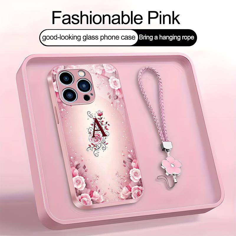 Suitable for [iPhone 15 Pro Max] high-end women's phone case🤩，a beautiful four-leaf clover lanyard is included🍀，a free four-leaf clover lanyard is included, with 26 letters of the alphabet to choose from and  exquisite Rose flower patterns 952