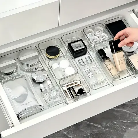 Clear Drawer Adjustable Organizer Set,4/8pcs Transparent Mixed Size Multifunctional Storage Tray, Cosmetic Storage Makeup Organizer, Cosmetic Organizers, Cosmetic Organiser, Beauty Organizer, Sundries Storage Container for Home Office School Dormitory